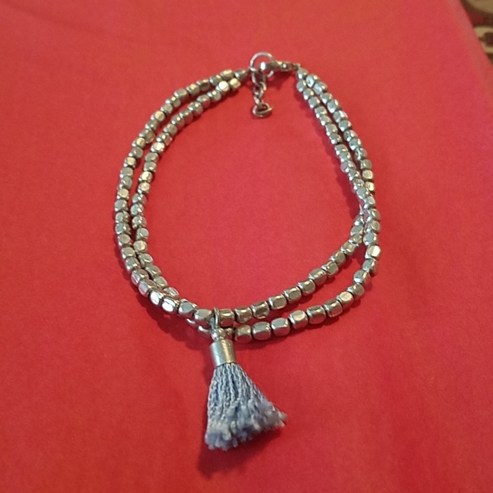 Silver Beads Light Blue Tassel Ankle Bracelet
